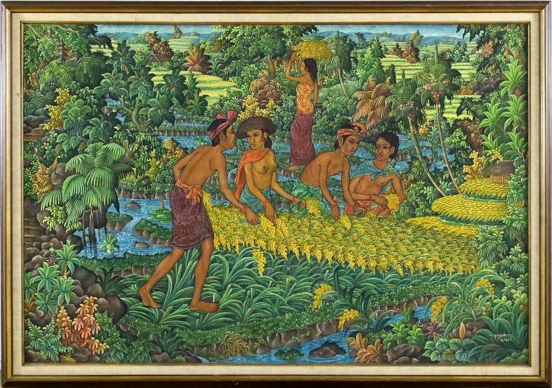 Large vintage Balinese oil on canvas painting depicting a rural scenery of farmers harvesting rice​