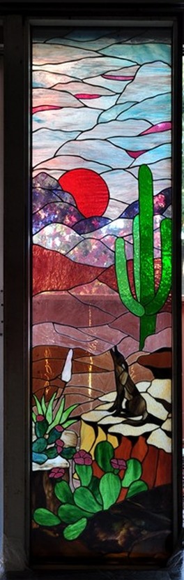 Masterpiece stained glass window door (2'x7') of cayote howling in the desert landscape