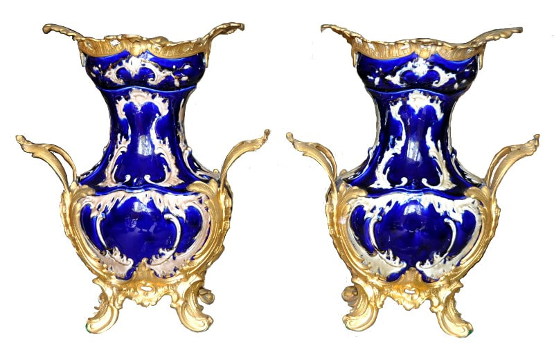 Pair of cobalt blue French porcelain vases with gilded bronze mounts​