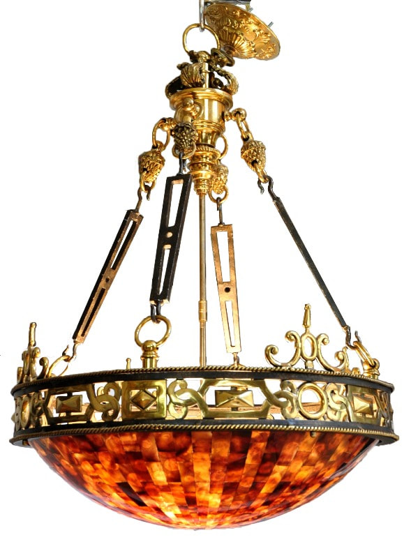 Maitland-Smith brass and iron Empire chandelier with penshell inlaid bowl