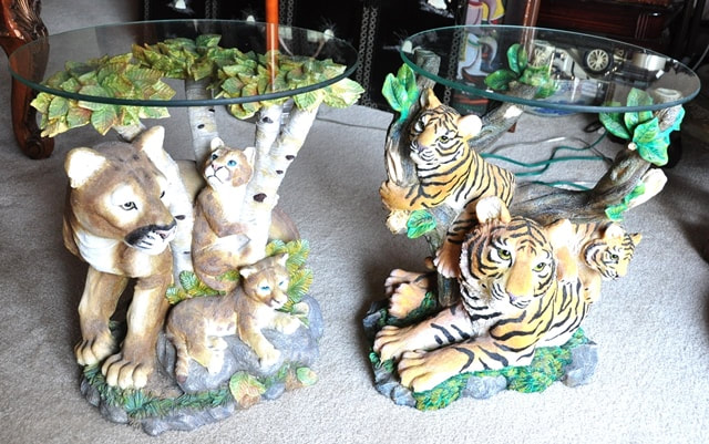 Unique end tables with sculptured bases of tiger and lion family