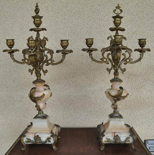 Pair of 19th century French brass and onyx 5-light candelabra