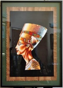 Large original oil on papyrus painting by Said of Cairo depicting queen Nefertiti