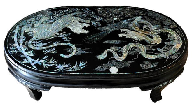 Vintage Korean mother of pearl inlay lacquer table with tiger and dragon
