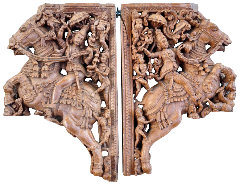 A pair of carved sandalwood architectural brackets depicting Tipu Sultan of Mysore