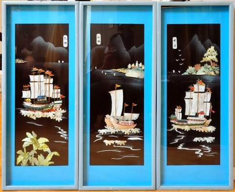 Three panel Chinese wall hanging with 3D relief art of nautical scenes