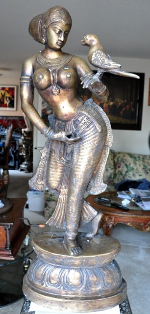 Antique brass sculpture of an Indian lady holding a parrot on her left hand  - Assamika: Arts, crafts, antiques, collectibles, home decor and more