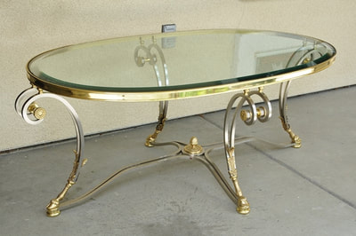 LaBarge oval glass top Louis XVI style brushed chrome and brass ...